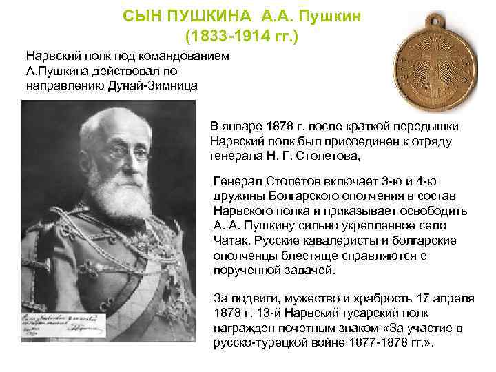 СЫН ПУШКИНА А. А. Пушкин (1833 -1914 гг. ) Нарвский полк под командованием А.