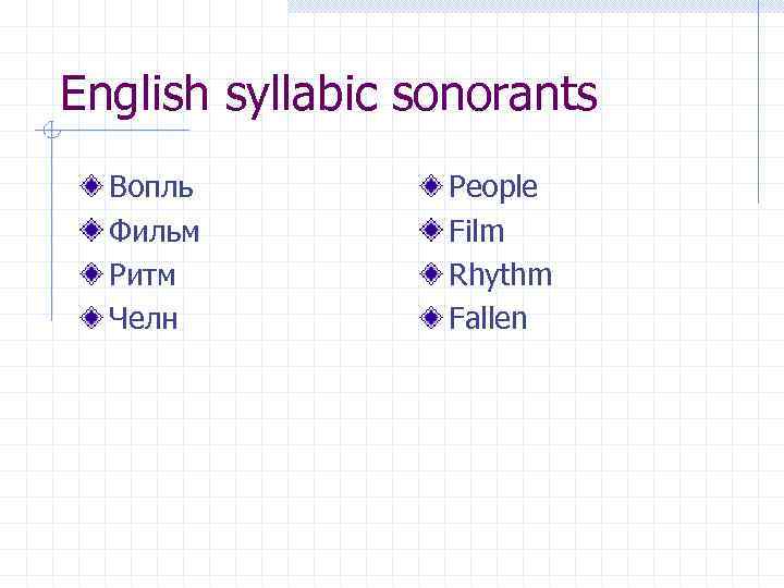 English syllabic sonorants Вопль Фильм Ритм Челн People Film Rhythm Fallen 