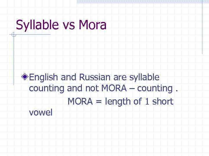 Syllable vs Mora English and Russian are syllable counting and not MORA – counting.