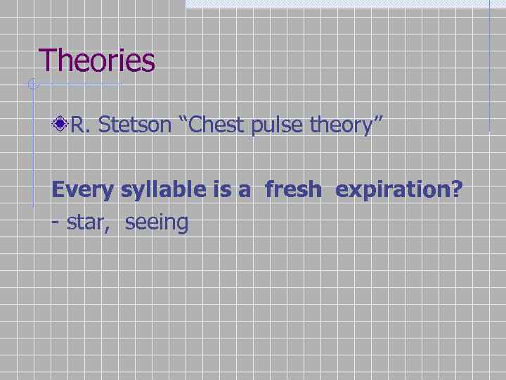 Theories R. Stetson “Chest pulse theory” Every syllable is a fresh expiration? - star,