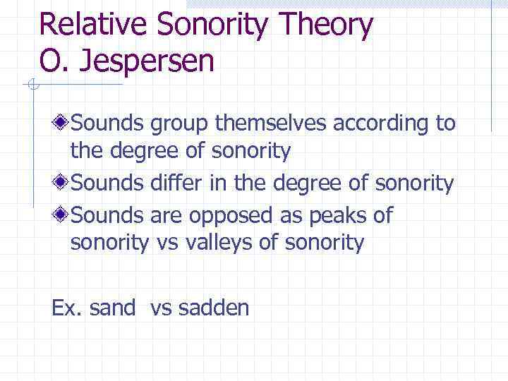 Relative Sonority Theory O. Jespersen Sounds group themselves according to the degree of sonority