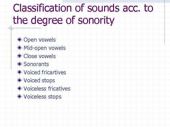 Classification of sounds acc. to the degree of sonority Open vowels Mid-open vowels Close