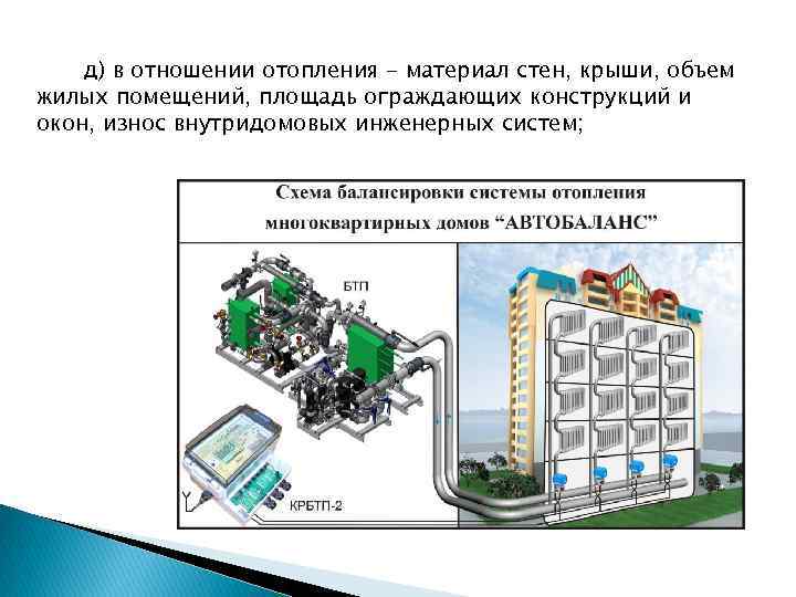 д) в отношении отопления - материал стен, крыши, объем жилых помещений, площадь ограждающих конструкций