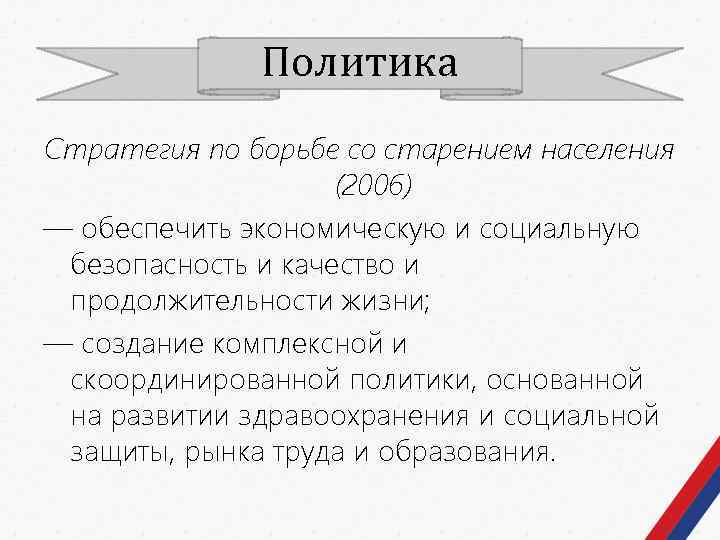 Политика Стратегия по борьбе со старением населения (2006) — обеспечить экономическую и социальную безопасность