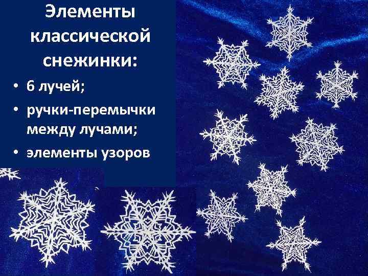 Элементы классической снежинки: • 6 лучей; • ручки-перемычки между лучами; • элементы узоров 