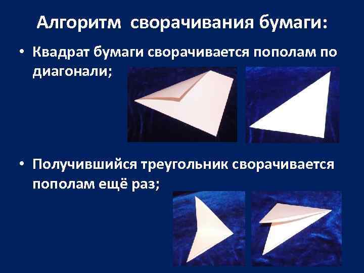 Алгоритм сворачивания бумаги: • Квадрат бумаги сворачивается пополам по диагонали; • Получившийся треугольник сворачивается