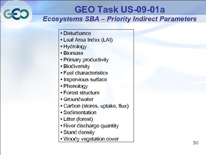 GEO Task US-09 -01 a Ecosystems SBA – Priority Indirect Parameters • Disturbance •