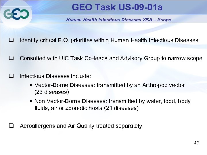 GEO Task US-09 -01 a Human Health Infectious Diseases SBA – Scope q Identify