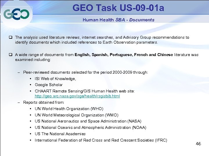 GEO Task US-09 -01 a Human Health SBA - Documents q The analysis used