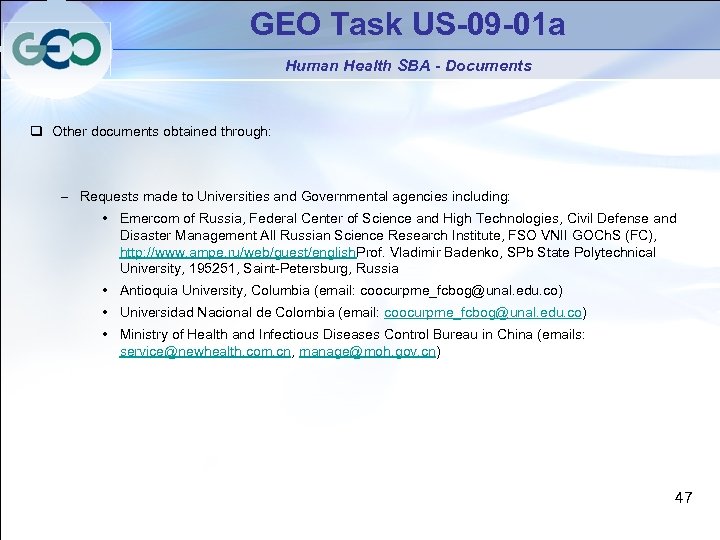 GEO Task US-09 -01 a Human Health SBA - Documents q Other documents obtained