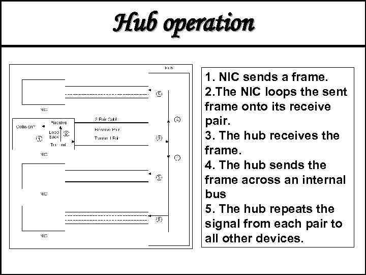 Hub operation 1. NIC sends a frame. 2. The NIC loops the sent frame