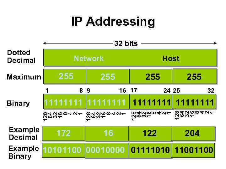 IP Addressing 32 bits Dotted Decimal Network 255 Maximum 1 255 8 9 255