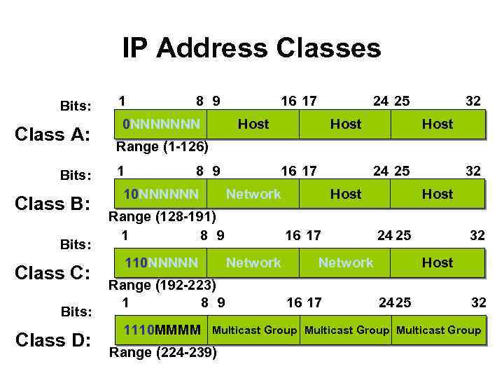 IP Address Classes Bits: Class A: Bits: Class B: Bits: Class C: Bits: Class
