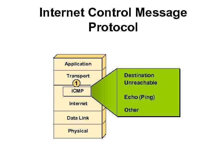 Internet Control Message Protocol Application Transport 1 Destination Unreachable ICMP Echo (Ping) Internet Other