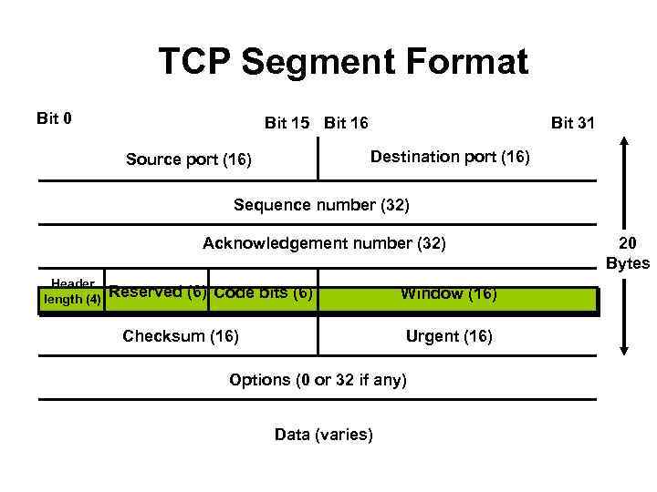 TCP Segment Format Bit 0 Bit 15 Bit 16 Bit 31 Destination port (16)