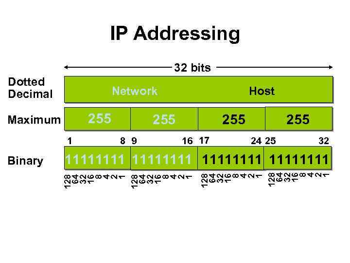 IP Addressing 32 bits Dotted Decimal Network 255 Maximum 1 255 8 9 255