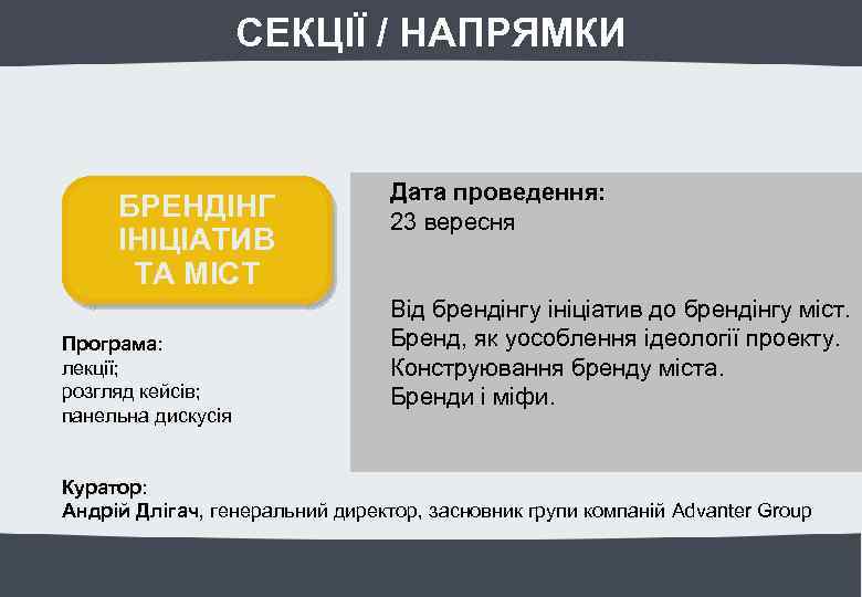 СЕКЦІЇ / НАПРЯМКИ БРЕНДІНГ ІНІЦІАТИВ ТА МІСТ Програма: лекції; розгляд кейсів; панельна дискусія Дата