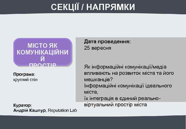 СЕКЦІЇ / НАПРЯМКИ МІСТО ЯК КОМУНІКАЦІЙНИ Й ПРОСТІР Програма: круглий стіл Куратор: Андрій Кашпур,