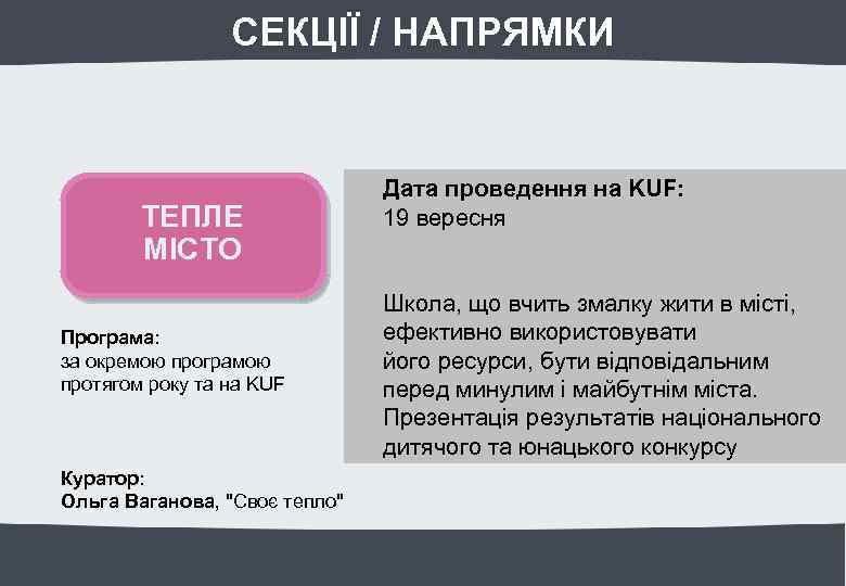 СЕКЦІЇ / НАПРЯМКИ ТЕПЛЕ МІСТО Програма: за окремою програмою протягом року та на KUF