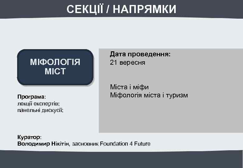 СЕКЦІЇ / НАПРЯМКИ МІФОЛОГІЯ МІСТ Програма: лекції експертів; панельні дискусії; Дата проведення: 21 вересня