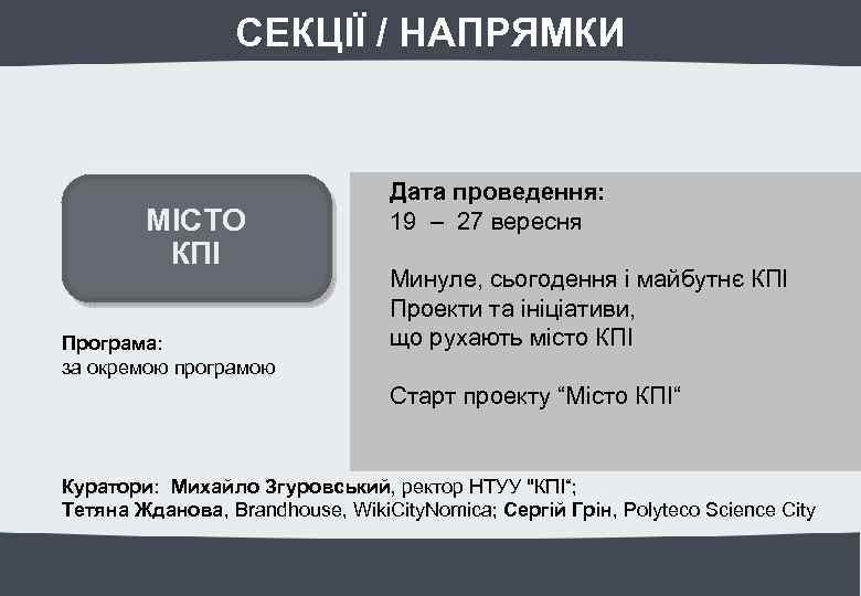 СЕКЦІЇ / НАПРЯМКИ МІСТО КПІ Програма: за окремою програмою Дата проведення: 19 – 27