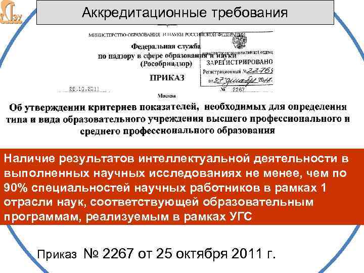 Аккредитационные требования Наличие результатов интеллектуальной деятельности в выполненных научных исследованиях не менее, чем по