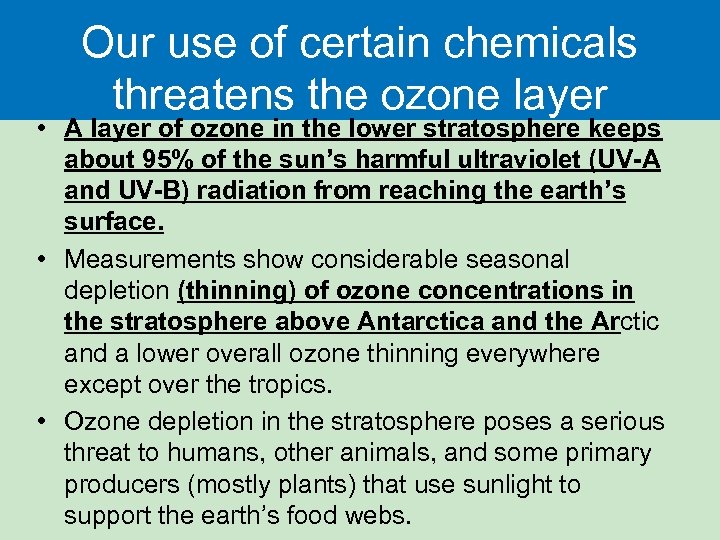 Our use of certain chemicals threatens the ozone layer • A layer of ozone