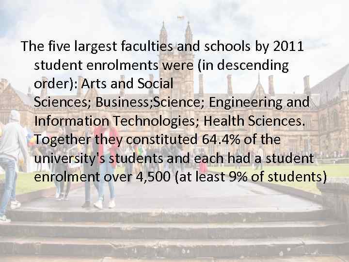 The five largest faculties and schools by 2011 student enrolments were (in descending order):