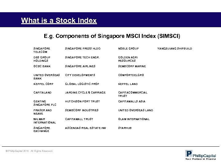 What is a Stock Index E. g. Components of Singapore MSCI Index (SIMSCI) SINGAPORE