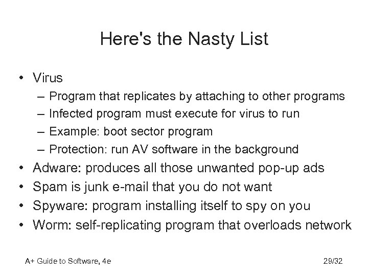 Here's the Nasty List • Virus – – • • Program that replicates by