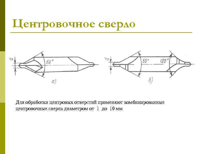 Центровочное сверло Для обработки центровых отверстий применяют комбинированные центровочные сверла диаметром от 1 до