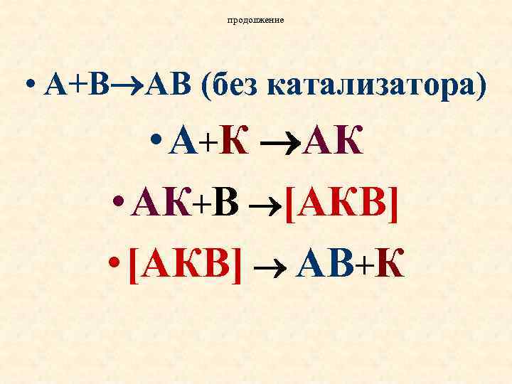 продолжение • А+В AB (без катализатора) • А+К АК • АК+В [АКВ] • [АКВ]