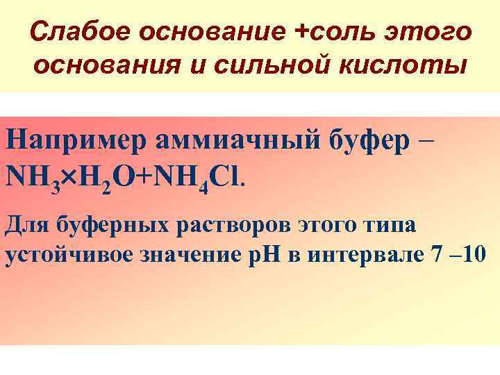 Слабое основание +соль этого основания и сильной кислоты Например аммиачный буфер – NH 3