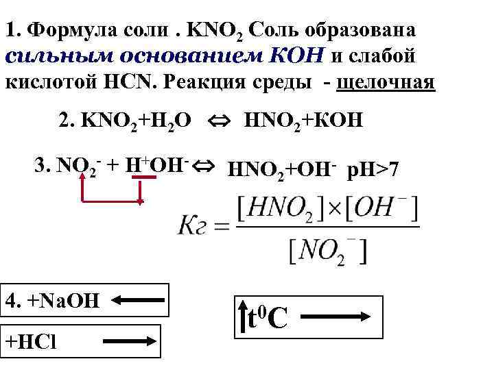 1. Формула соли. KNO 2 Соль образована сильным основанием КОН и слабой кислотой HCN.