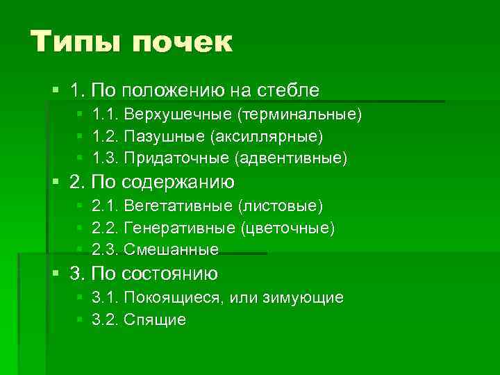 Типы почек § 1. По положению на стебле § § § 1. 1. Верхушечные