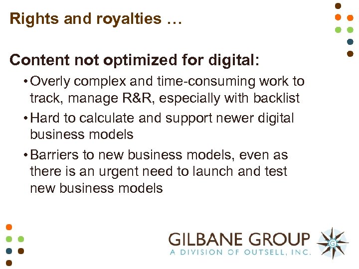 Rights and royalties … Content not optimized for digital: • Overly complex and time-consuming