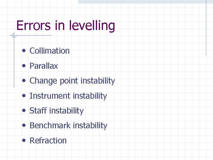 Errors in levelling • Collimation • Parallax • Change point instability • Instrument instability