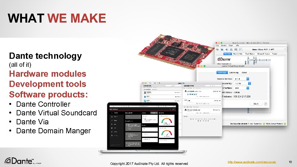 WHAT WE MAKE Dante technology (all of it) Hardware modules Development tools Software products: