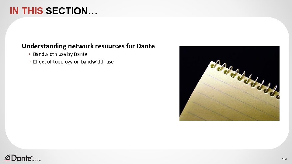 IN THIS SECTION… Understanding network resources for Dante ◦ Bandwidth use by Dante ◦