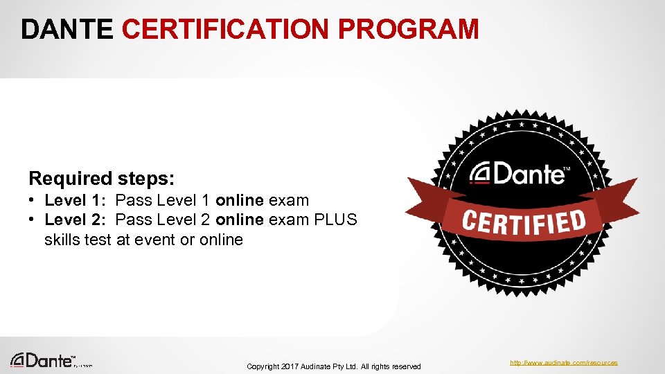 DANTE CERTIFICATION PROGRAM Required steps: • Level 1: Pass Level 1 online exam •