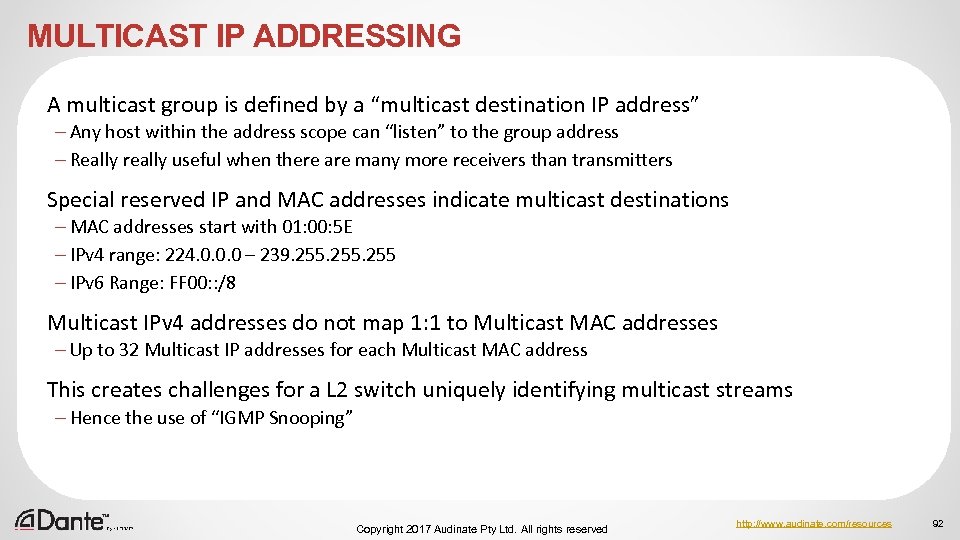 MULTICAST IP ADDRESSING A multicast group is defined by a “multicast destination IP address”