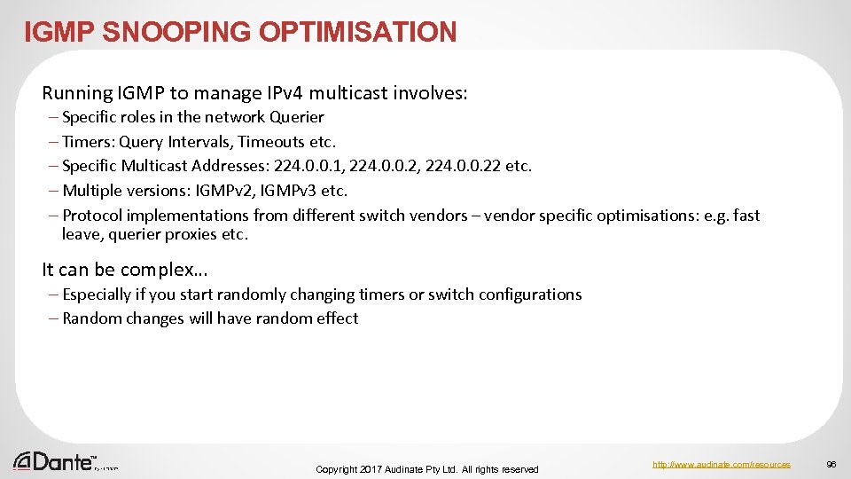 IGMP SNOOPING OPTIMISATION Running IGMP to manage IPv 4 multicast involves: – Specific roles