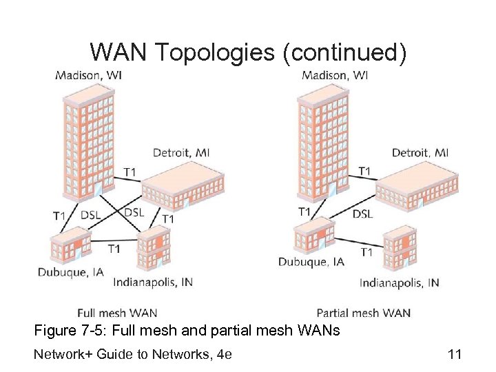 WAN Topologies (continued) Figure 7 -5: Full mesh and partial mesh WANs Network+ Guide