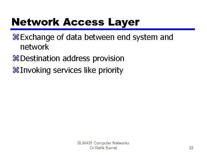 Network Access Layer z Exchange of data between end system and network z Destination