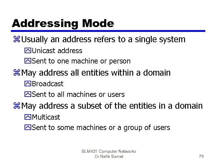 Addressing Mode z Usually an address refers to a single system y. Unicast address