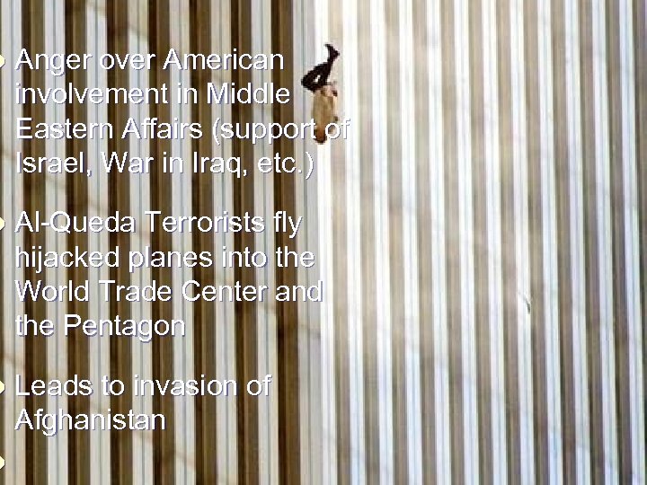 September 11, 2001 l Anger over American involvement in Middle Eastern Affairs (support of