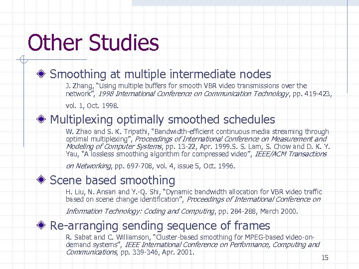 Other Studies Smoothing at multiple intermediate nodes J. Zhang, “Using multiple buffers for smooth