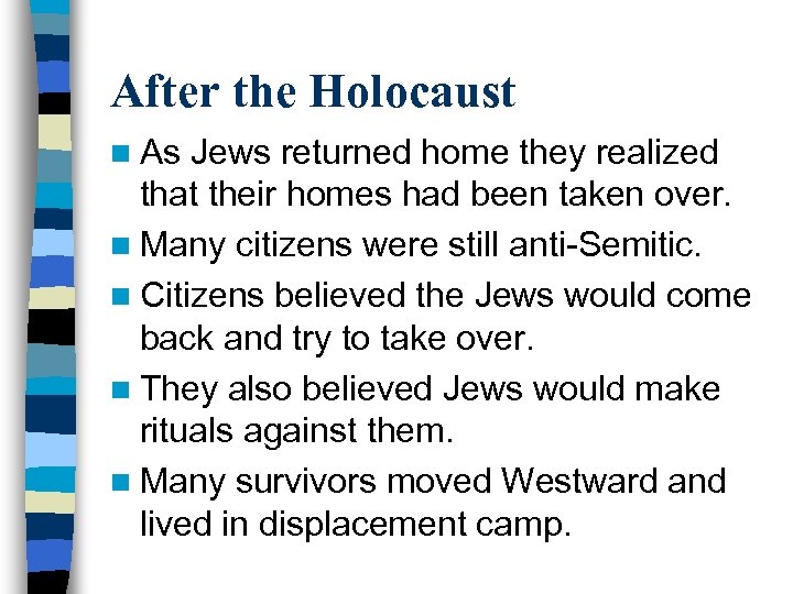 After the Holocaust n As Jews returned home they realized that their homes had