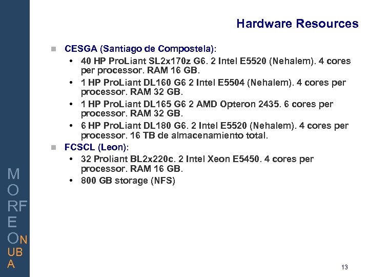 Hardware Resources CESGA (Santiago de Compostela): • 40 HP Pro. Liant SL 2 x