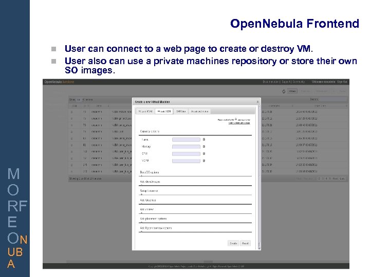 Open. Nebula Frontend User can connect to a web page to create or destroy